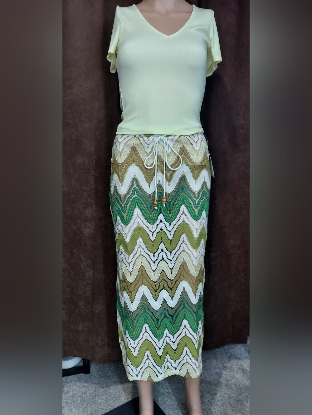 Sadie & Sage Green and White Chevron Crochet Maxi Skirt With Stretch Yellow Top